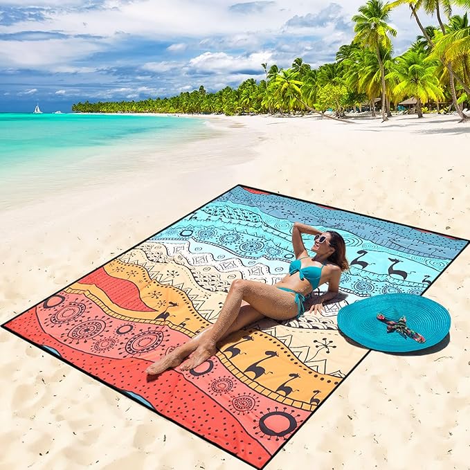Beach Blanket Waterproof Sandproof Beach Mat 79" X 83"/10'x9'for 2-8 Adults Quick Drying Outdoor Picnic Mat Beach Accessories for Travel, Camping, Hiking