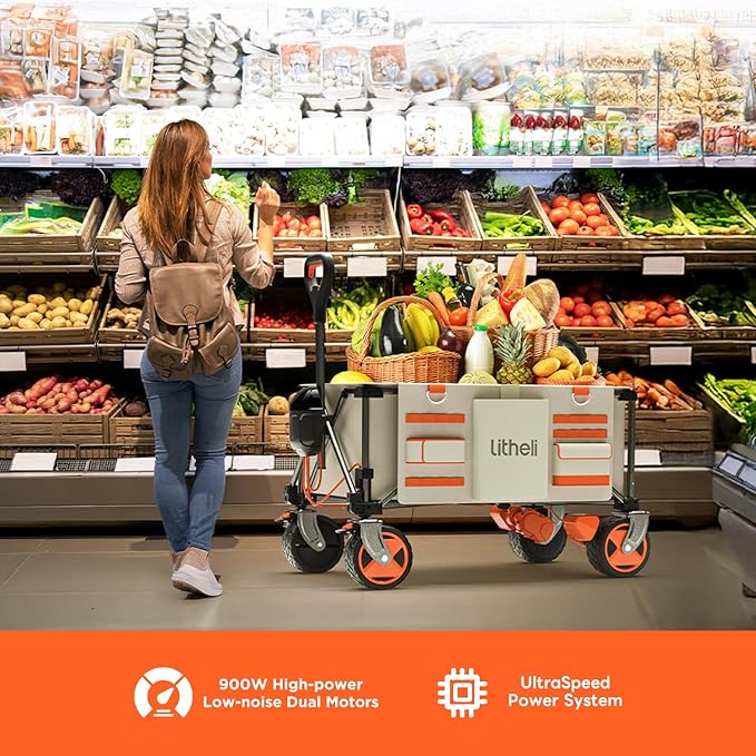 Litheli Electric Utility Wagon Cart, 200L Capacity, 300 lbs Load, Foldable Heavy-Duty Design with All-Terrain Wheels, Variable Speed Drive & Battery Power for Camping, Beach, Garden & Shopping