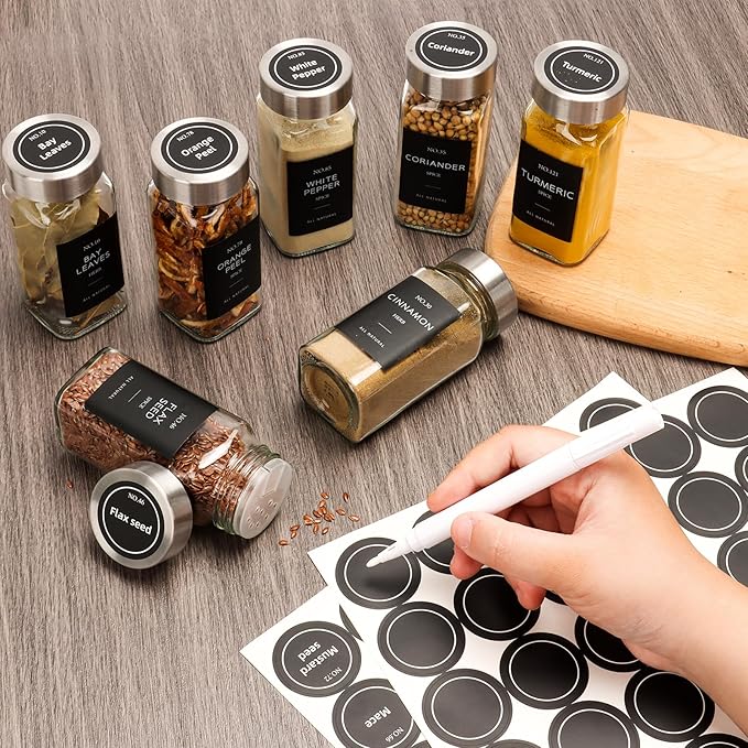 24 Pcs Glass Spice Jars with Label, 4oz Spice Jars with Lids, Seasoning containers Set, Comes with spice bottle caps, Silicone Collapsible Funnel,chalk, for Spice Rack, Cabinet, Drawer