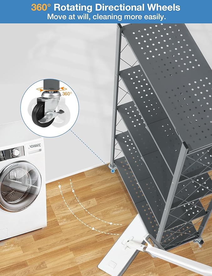 ALANNG 70.7" H Metal Storage Shelves, 5 Tier Folding Shelf on Wheels, Heavy Duty, No Assembly, Rolling, Collapsible Rack Unit for Kitchen, Basement, Pantry (Gray,2 Pack)