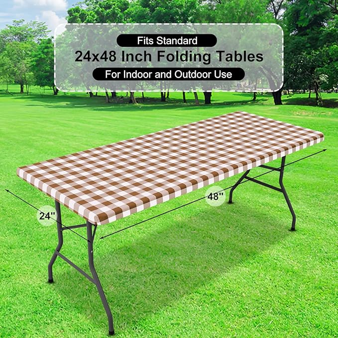 misaya Buffalo Rectangle Picnic Tablecloth, 4 Foot Elastic Fitted Vinyl Table Cloth with Flannel Backing, Waterproof Plaid Table Covers for Dining, Camping, Outdoor (Brown and White, 24" x 48")