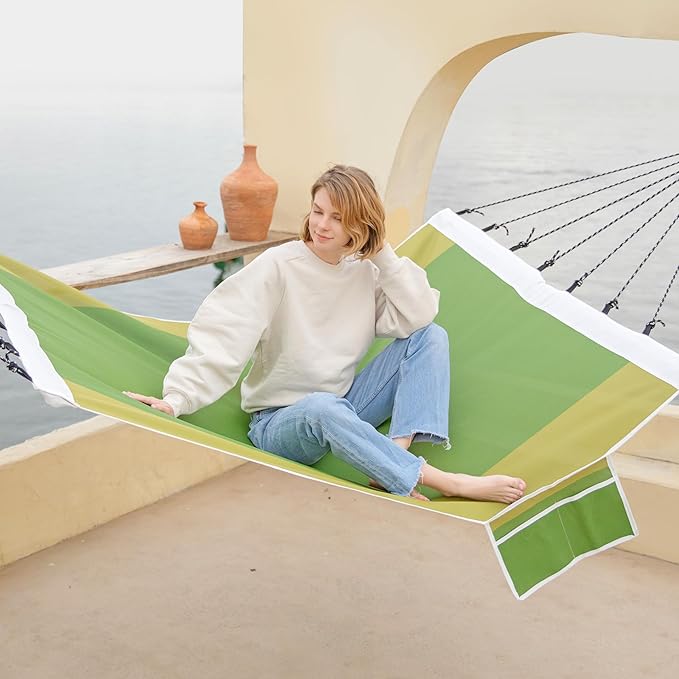 14ft Two Person Outdoor Hammock, Portable Camping with Folding Steel Spreader Bar, Carrying Bag, Carabiners, Tree Straps, Pillows, Quick Dry Textilene Fabric, 550 lbs Capacity (Jungle Green)