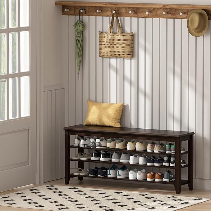 Shoe Bench Storage Rubberwood with Leather Cushion for Entryway Bench Ideal for Hallways Shoe Rack Front Doors Entrances Mudrooms Featuring 3 Height-Adjustable and Removable Shelves