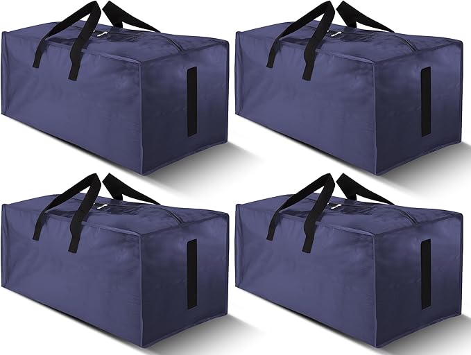 4 Pack Large Strong Moving Bags with Zippers & Carrying Handles - Water-Resistant - Heavy Duty Storage Tote for Space Saving, Fold Flat, Alternative to Moving Box (Blue)