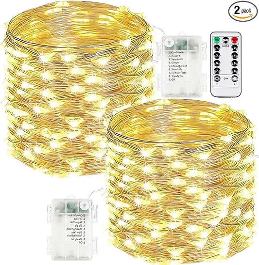 2-Pack Fairy Lights Battery Operated with Remote, Waterproof 66FT 200 LED Battery String Lights Outdoor Indoor, 8 Modes Twinkle Lights with Timer for Bedroom Wedding DIY Christmas Decor (Warm White)