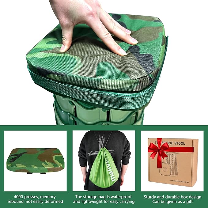 Camouflage Collapsible Camping Stool with Seat Cushion & Carry Bag, Square Portable Telescopic Chair, Lightweight Sturdy Foldable Seat for Camp Fishing Picnic, Max Load 550 lb