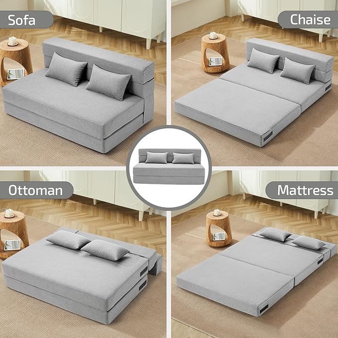 Folding Sofa Bed with Pillows- Convertible Chair Floor Couch & Sleeping Mattress, Foldable Memory Foam Sleeper for Living Room/Dorm/Guest Room/Home Office/Apartment/Loft, Full, Light Gray