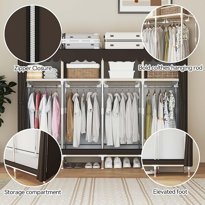 Portable Wardrobe Closet Durable and Easy to Assemble Heavy Duty Clothes Rack with Non-Woven Cover Fabric Best for Bedroom and Easy Storage and Organization (Brown-B)