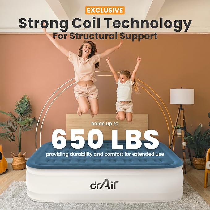 Queen Air Mattress, 18” Raised Inflatable Bed with Built-in Pump, Waterproof Velvety Top, Ergonomic Design, Reinforced Support, and Carry Bag for Home, Camping, and Guests