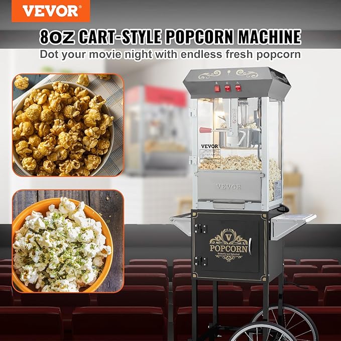 VEVOR Popcorn Maker with Cart, 850W Popcorn Popper Machine, 8 Oz Kettle Makes 48 Cups per Batch, Popcorn Maker Equipped with Tempered Glass, Includes 4 Scoops, Movie Theater Style, Black