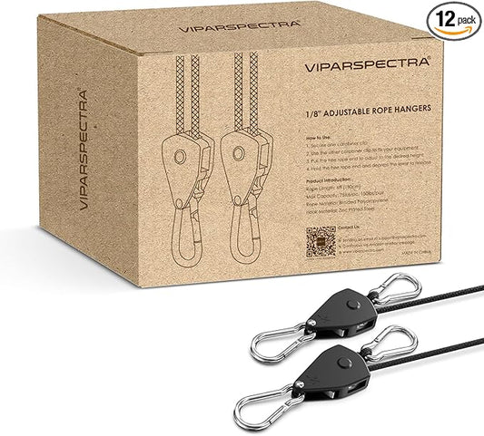 VIPARSPECTRA Retractable Heavy Duty Ratchet Tie Down Straps [12 Pack, 8ft, 75lbs/Pack], Rope Pulley System with Carabiner Hook Rope Adjuster for Hanging Plants/Grow Light/Tents Various Tie-Down Uses