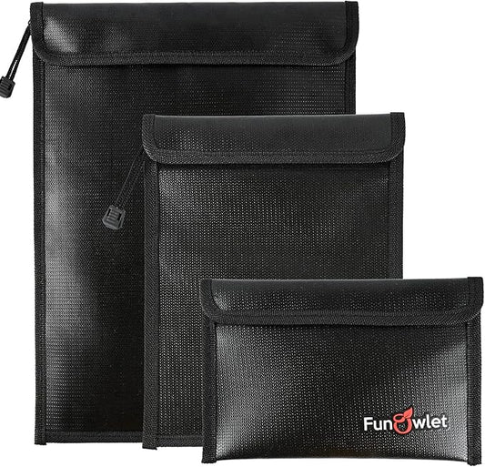 FunOwlet Fireproof Waterproof Document Bag, Fire and Water Resistant Safe Zipper Storage Organizer Pouch for A4/A5 Documents Holder, File, Cash, Jewelry, Passport, Tablet, Laptop, 3 Pack (Black)
