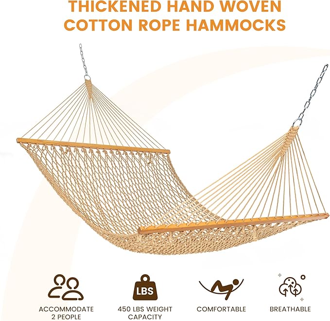 Lazy Daze Hammocks Double Rope Hammock, 2 Person Traditional Outdoor Hand Woven Cotton Rope Hammock with Spreader Bar, Chains, Tree Straps for Patio Yard - Max 450 Lbs, Tan
