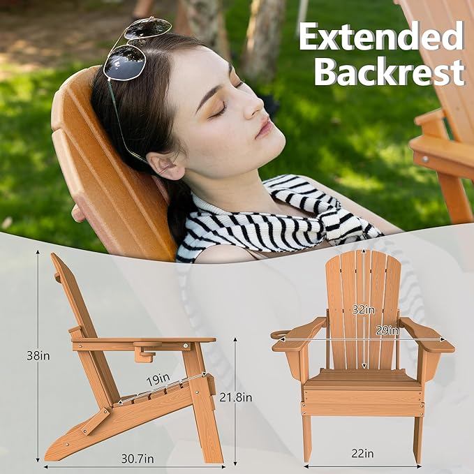 Folding Adirondack Chair, SGS Tested, Wooden Textured with Cup Holder, Heavy All-Weather HDPE Comfortable Set Poolside Backyard Lawn Teak Set 4