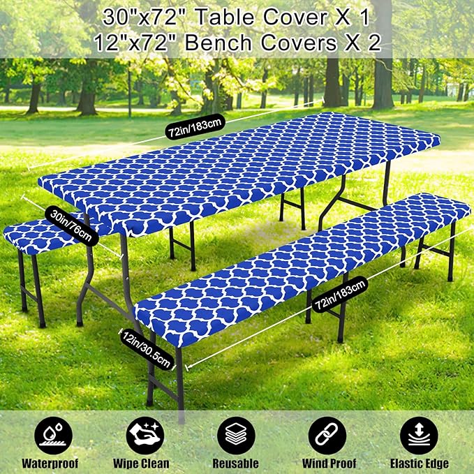 Smiry Picnic Table Cover with Bench Covers, Waterproof Elastic Fitted Tablecloth for 6 Foot Tables, Washable Polyester Tablecloths for Camping, Indoor & Outdoor (Blue Morocco, 30x72 Inch 3-pc Set)