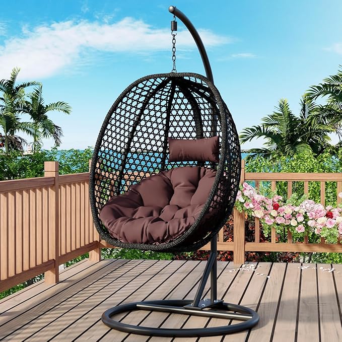 JUFU Egg Swing Chair with Stand,Hanging Egg Chair Indoor Outdoor,Hammock Hanging Basket Chair with Aluminum Steel Frame，Patio Egg Chair with Removable Cushions for Patio Balcony Backyard,Bedrooms