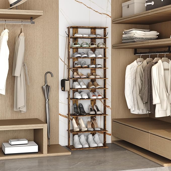 HOMEFORT 10-Tier Vertical Shoe Rack, Corner Shoe Tower, Double Rows 10 Tiers Shoe Shelf, Slim Shoe Storage Unit for 20 Pairs of Shoes, Shoe Stand for Entryway, Hallway, Closet (Rustic Brown)