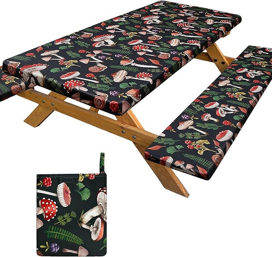Picnic Table Cover with Bench Covers Portable Table Cloth Built-in Storage Pocket Picnic Table Covers With Elastic Waterproof Camping Essentials for RV Camping
