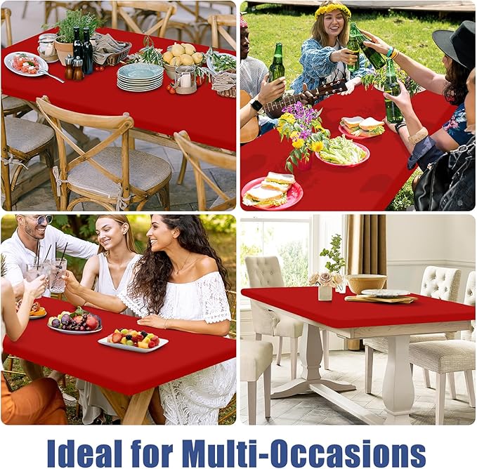 Spandex Picnic Table Cloth 2 Pack, Elastic Fitted Tablecloths for 6 Foot Rectangle Tables, Stretch Washable Patio Table Cover for Camping, Christmas & New Year Parties (Red, 30"x72")