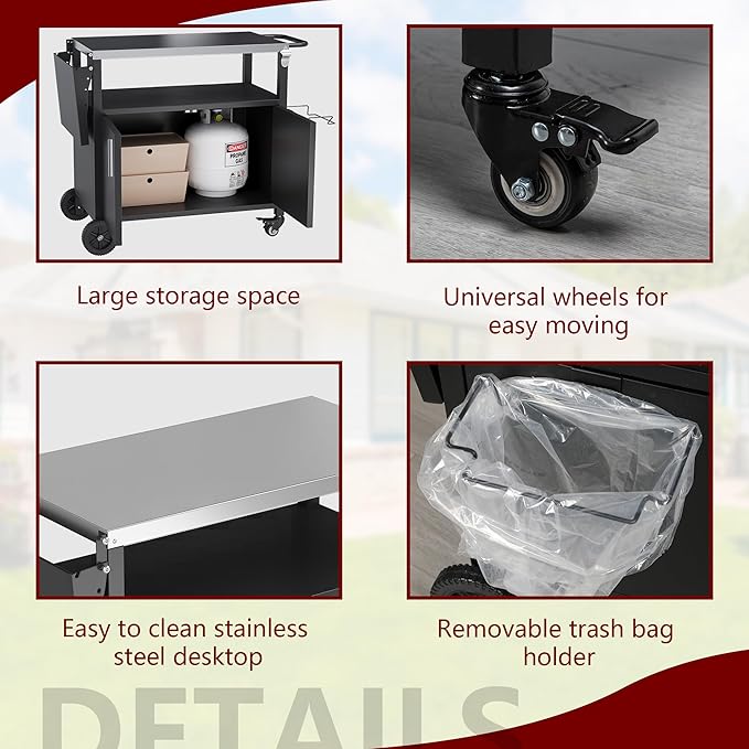 Vongrasig Grill Cart with Storage, Outdoor Bar Cart Rolling BBQ Cart Movable Pizza Oven Table Stand with Foldable Stainless Steel Top & Storage Cabinet, Black