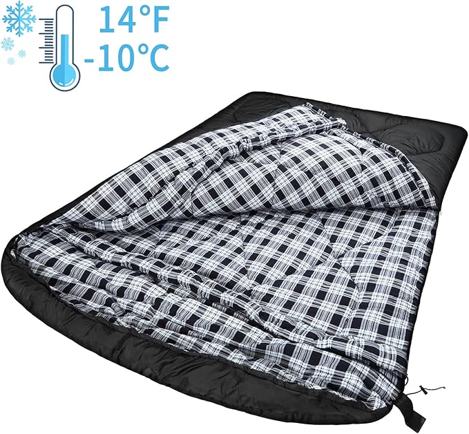 AGEMORE 0 Degree Double Sleeping Bag for Adults, Cotton Flannel Lined 2 Person Queen Size Warm Sleeping Bag for Family Winter Camping or RV Traveling
