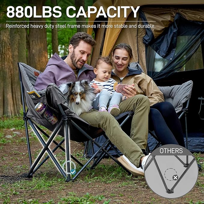 EVER ADVANCED Extra Large Double Camping Chair for Adults, Family Size Padded Folding Camping Love Seat Bench with Side Pocket Portable Camping Couch, Two Person Heavy Duty Folding Outdoor Chair