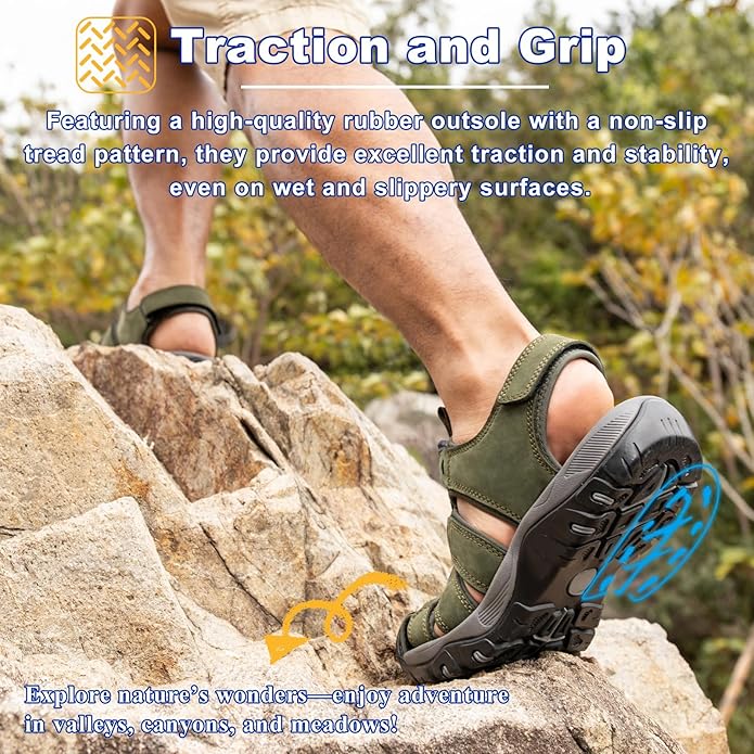 Men's Sport Sandals Closed Toe Leather Hiking Athletic Walking Outdoor Beach Trail River Fishing Water Shoes Lightweight Comfortable Waterproof