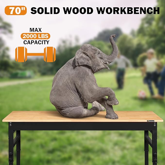 70" Adjustable Workbench on Wheels, 2000 LBS Heavy Duty Work Table with Power Outlets & Pegboard, Rubber Wood Workstation for Garage, Workshop, Office, Home, Commercial