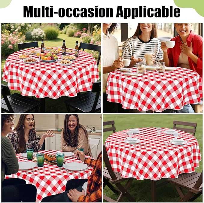 Smiry Round Plastic Table Cloth, Waterproof Vinyl Tablecloth with Flannel Backing, Wipeable Buffalo Plaid Table Cover for Dining, Indoor and Outdoor (Red & White, 60" Round)