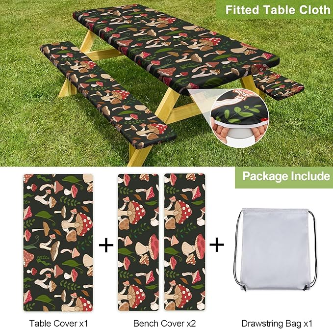 Picnic Table Cover with Bench Covers Camping Essentials Waterproof Windproof Camping Tablecloth with Drawstring Bag, Fitted Rectangle Tables and Seats, 72in, Black Red