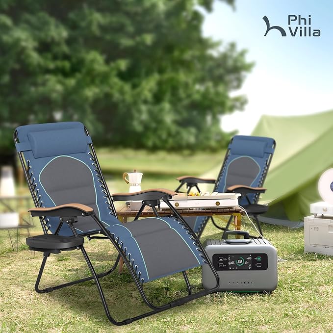 PHI VILLA XXL Oversized Padded Zero Gravity Chair, Foldable Patio Recliner, 30" Wide Seat Anti Gravity Lounger with Cup Holder, Support 400 LBS (Blue Accent)