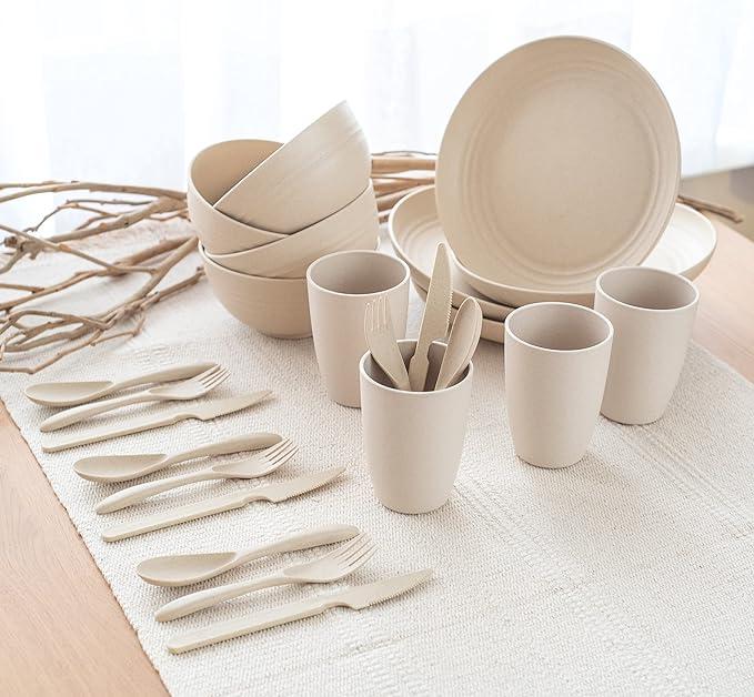 FOODLE Wheat Straw Dinnerware Set - BPA Free & Safety Tested - Unbreakable, Microwave & Dishwasher Safe Dishes - Picnic, RV, Dorm, Camping Plates Cups and Bowls - Great for Kids & Adults - For 4