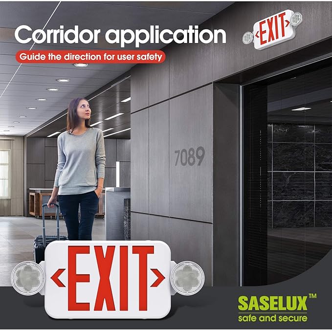 Red Led Exit Sign Emergency Light Combo Adjustable Two Head, Double Sided and Battery Backup Exit Light, Contractor Select, AC 120/277V (6 Pack)