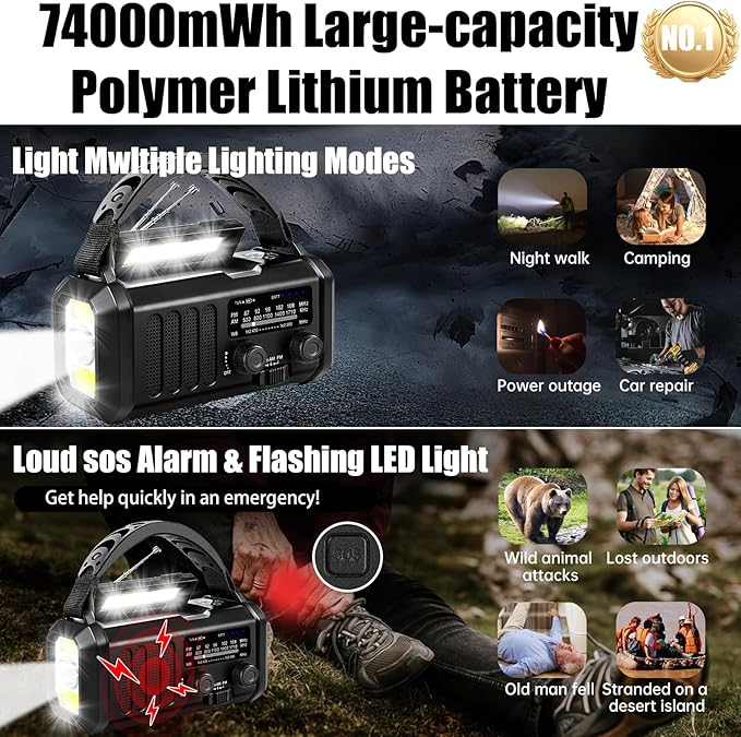 Hand Crank Emergency Radio,74000mWh Solar Powered Portable NOAA AM FM Weather Radio with 3 Mode Flashlight and Reading Light,Cell Phone Charger,Home and Emergency Distress Signal (Black)