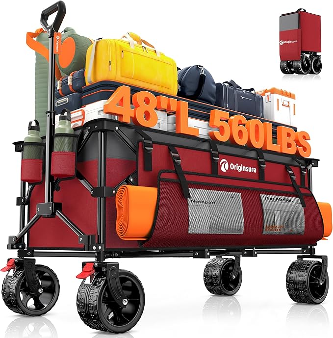 48" L Collapsible Wagon Cart Foldable, 560LB Weight Capacity 300L Heavy Duty Folding Beach Wagons with Big All-Terrain Wheels, Utility Carts for Groceries, Shopping, Camping, Sports - Grey&Red