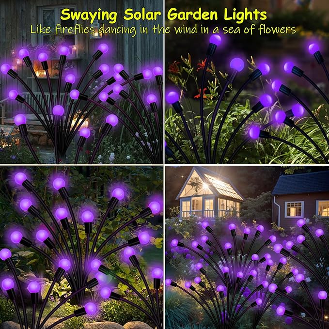 Solar Garden Lights Outdoor, 2 Pack 20 LED Solar Purple Firefly Lights Waterproof, Starburst Wind Swaying Light for Outside Yard Patio Planter Flower Bed Walkway Halloween Christmas Decoration