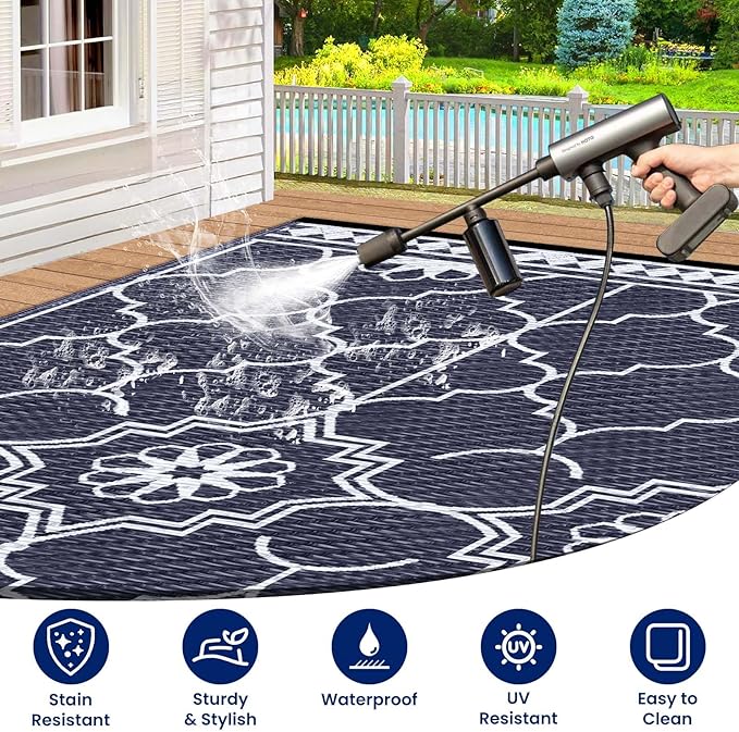 Outdoor Rug 6x9Ft, Waterproof Outdoor Patio Rug for House Deck Reversible Plastic Straw Mat for RV Camping Picnic Beach Balcony (Blue White)