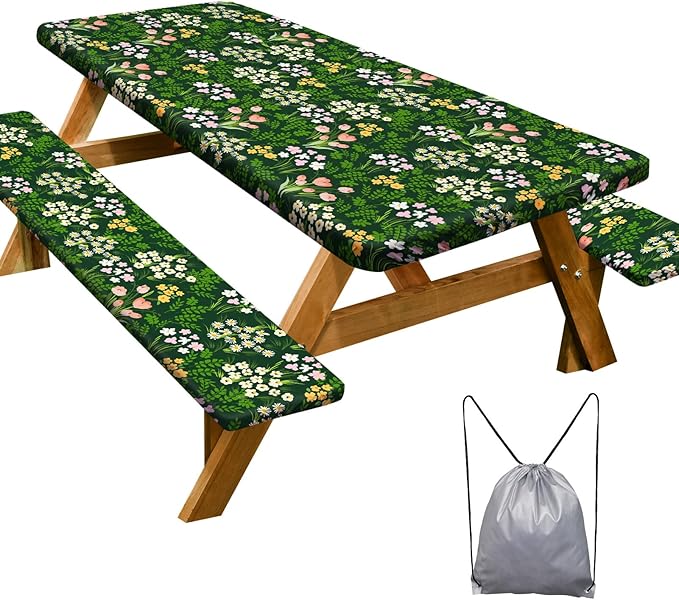 Picnic Table Cover with Bench Covers Camping Essentials Waterproof Windproof Camping Tablecloth with Drawstring Bag, Fitted Rectangle Tables and Seats, 72in, Green Pink