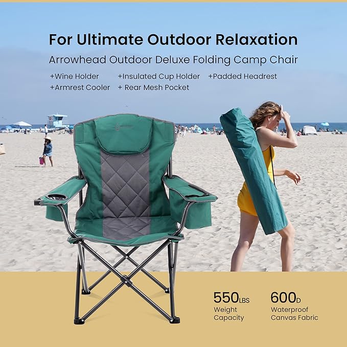 ARROWHEAD OUTDOOR 2-Pack Portable Folding Camping Quad Chair w/ 6-Can Cooler, Cup & Wine Glass Holders, Heavy-Duty Carrying Bag, Padded Armrests, Headrest & Seat, Supports up to 550lbs