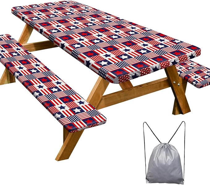 Picnic Table Cover with Bench Covers Camping Essentials Waterproof Windproof Camping Tablecloth with Drawstring Bag, Fitted Rectangle Tables and Seats, 96in, Red Blue Checkered