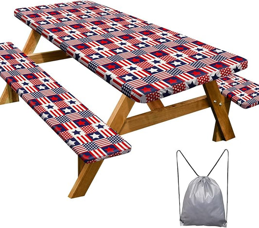 Picnic Table Cover with Bench Covers Camping Essentials Waterproof Windproof Camping Tablecloth with Drawstring Bag, Fitted Rectangle Tables and Seats, 96in, Red Blue Checkered
