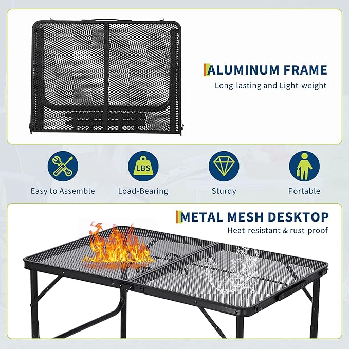 3x2FT Folding Grill Table, Portable Camping Table with Mesh Desktop, Height Adjustable Lightweight Metal Grill Table, for Outdoor Camping, BBQ, Picnic, Travel Cooking, Black