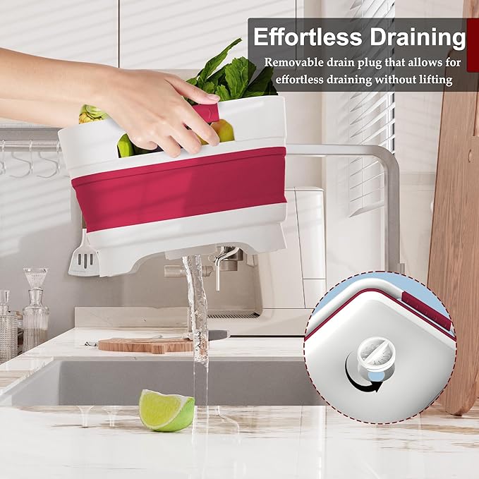 2.4 Gal Collapsbile Wash Basin with Drian Plug,9L Dish Pan for Soaking Baby Bottles,Portable Sink, Multiuse Foldable Bucket,Ice Beverage Tubs for Camping, Vegetable Washing, RV (Viva Magenta)