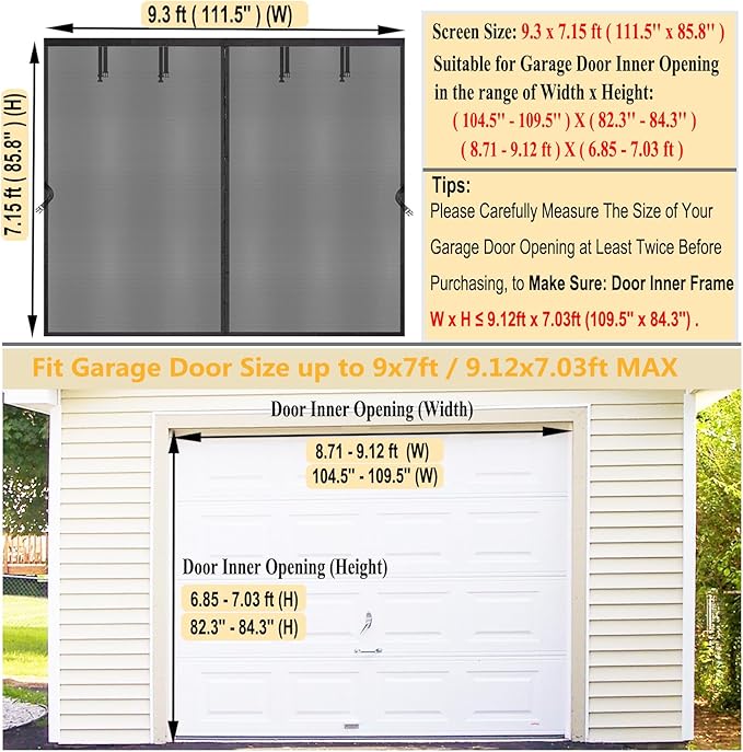Garage Door Mesh Screen Kit 9x7 FT - Retractable Magnetic Net Screen Door for 1 Car Garage 9x7ft, Durable Fiberglass Mesh Blocks Bugs & Enhances Privacy - Great for Patio Porch Outdoor Use