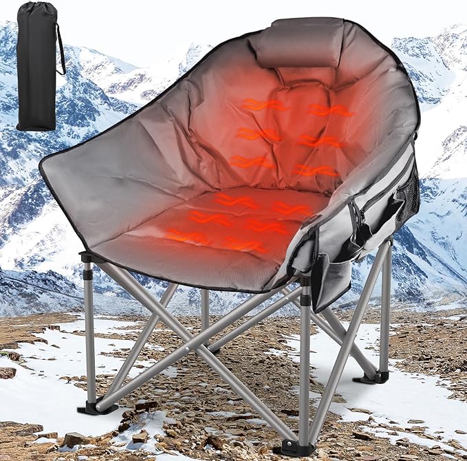 Oversized Heated Camping Chair, 3 Heat Levels Portable Heated Folding Chairs, Camping Heated Chair for Adults Supports 440 lbs, Heavy Lawn Chair for Camping/Patio/Outdoor Sport