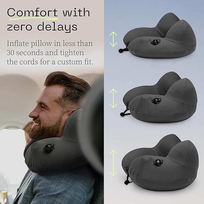 Coop Home Goods AirJustable Travel Neck Pillow, Inflatable, Adjustable Support for Neck & Chin, Compact Travel Pillow, Soft Memory Foam Comfort, Airplane Travel Essentials, Cooling & Washable Cover