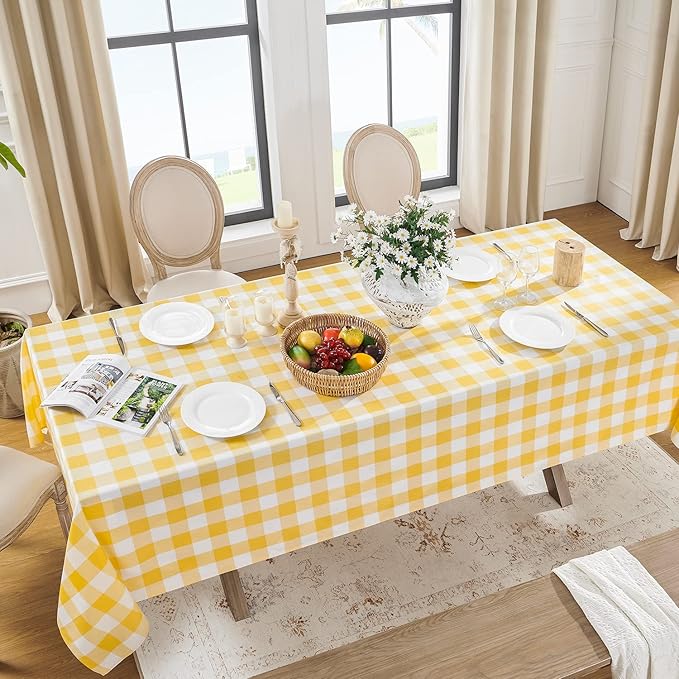 Softalker Gingham Checkered Rectangle Tablecloth - Waterproof Buffalo Plaid Table Cloth Stain Resistant Washable Table Cover for Picnic/Camping/Outdoor - Yellow and White, 54 x 108 Inch