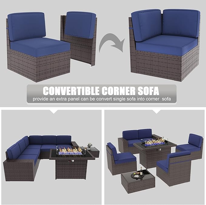 LayinSun 7 Pieces Outdoor Patio Furniture Set with 44" Fire Pit Table Brown Rattan Sectional Sofa Conversation Sets