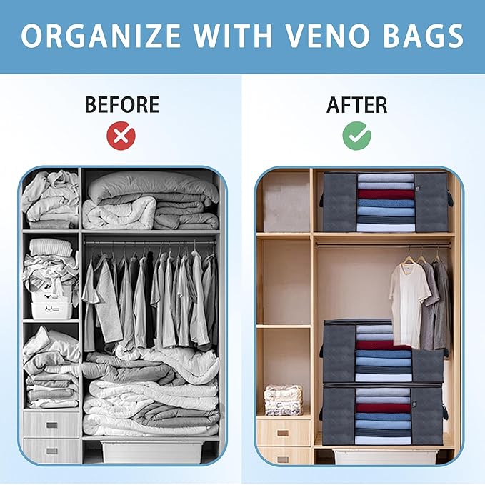 VENO 3 Pack Extra Large Clothes Storage Bag Organizer with Reinforced Handle Thick Fabric for Comforters, Blankets, Bedding, Foldable with Sturdy Zipper, Clear Window, Grey, Reusable (24 Gallon)