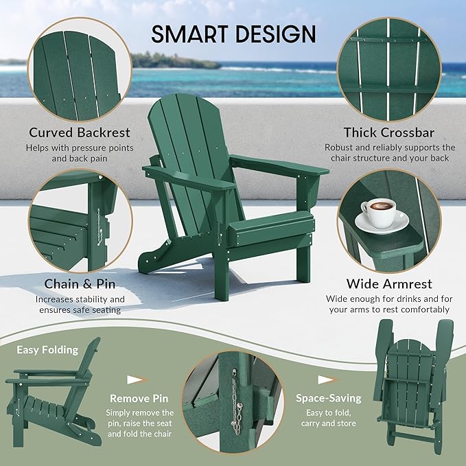 WestinTrends Malibu HDPE Outdoor Patio Folding Poly Adirondack Chair, Dark Green